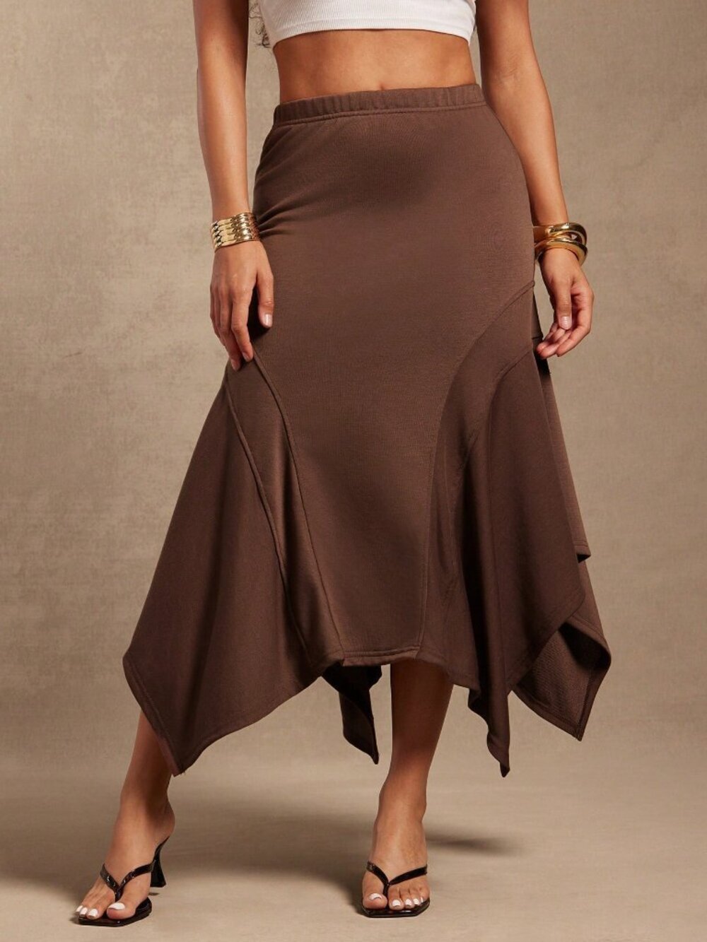 Brown Casual Women's Lightweight Handkerchief Hem Midi Skirt - Picture 3 of 5